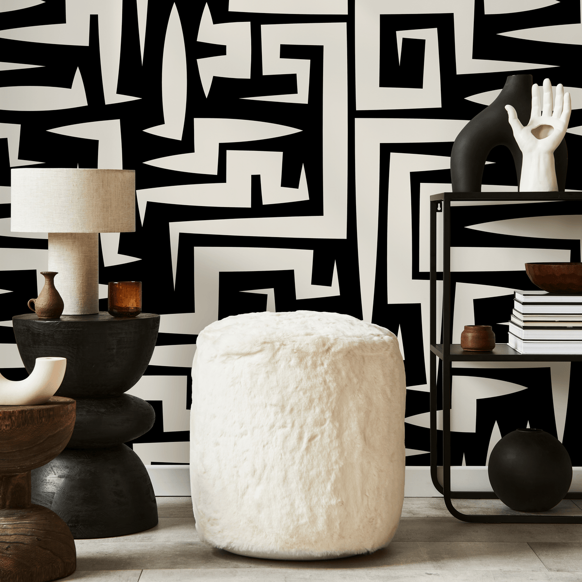 Abstract Wallpaper with a Bold Graphic Maze Motif in Black and Off-White - detail view
