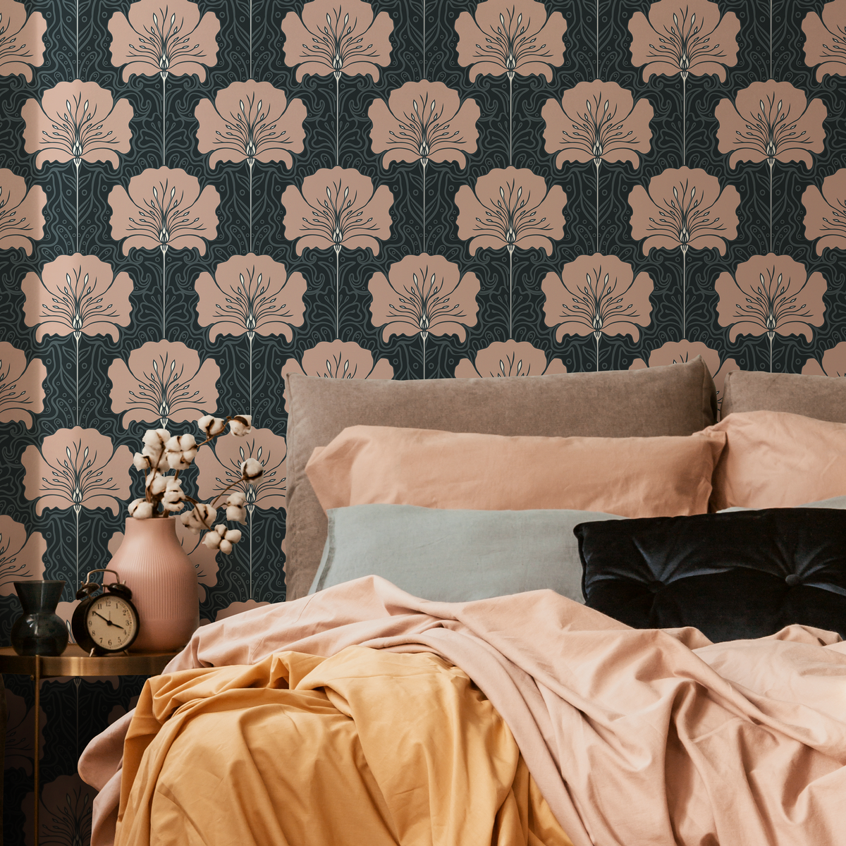 Art Nouveau Wallpaper with a Vintage Stylized Floral Motif in Muted Pink and Charcoal - detail view