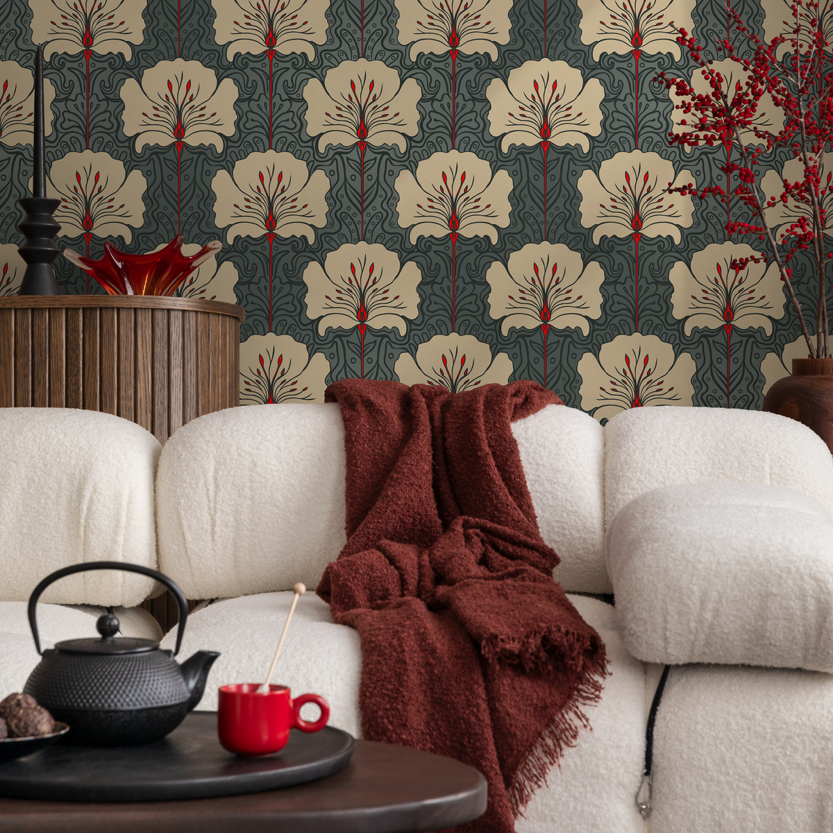 Art Nouveau Wallpaper with Stylized Florals in Teal, Beige, and Red - detail view