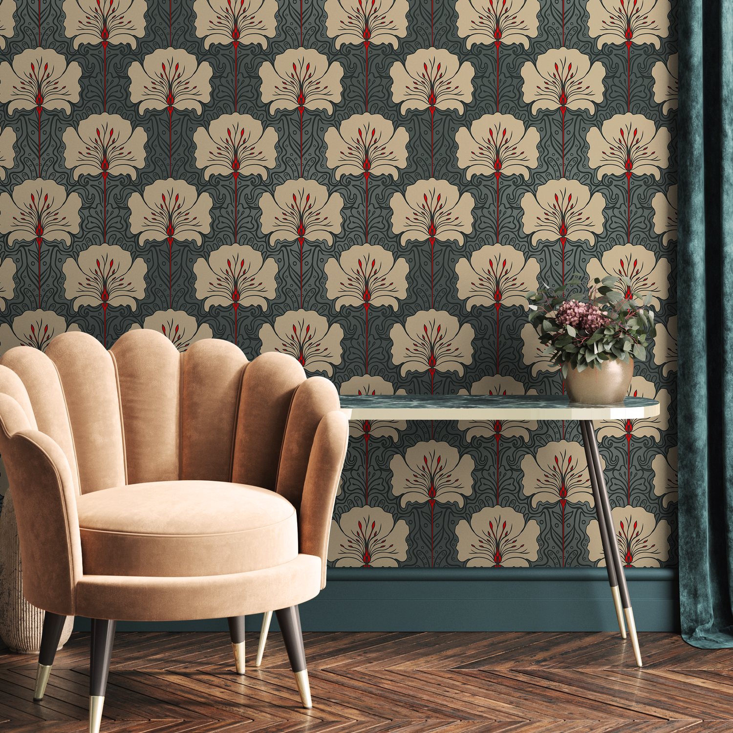 Papel pintado autoadhesivo, papel pintado extraíble, decoración del hogar, arte de pared, decoración de habitaciones, papel pintado floral Art Nouveau - C390