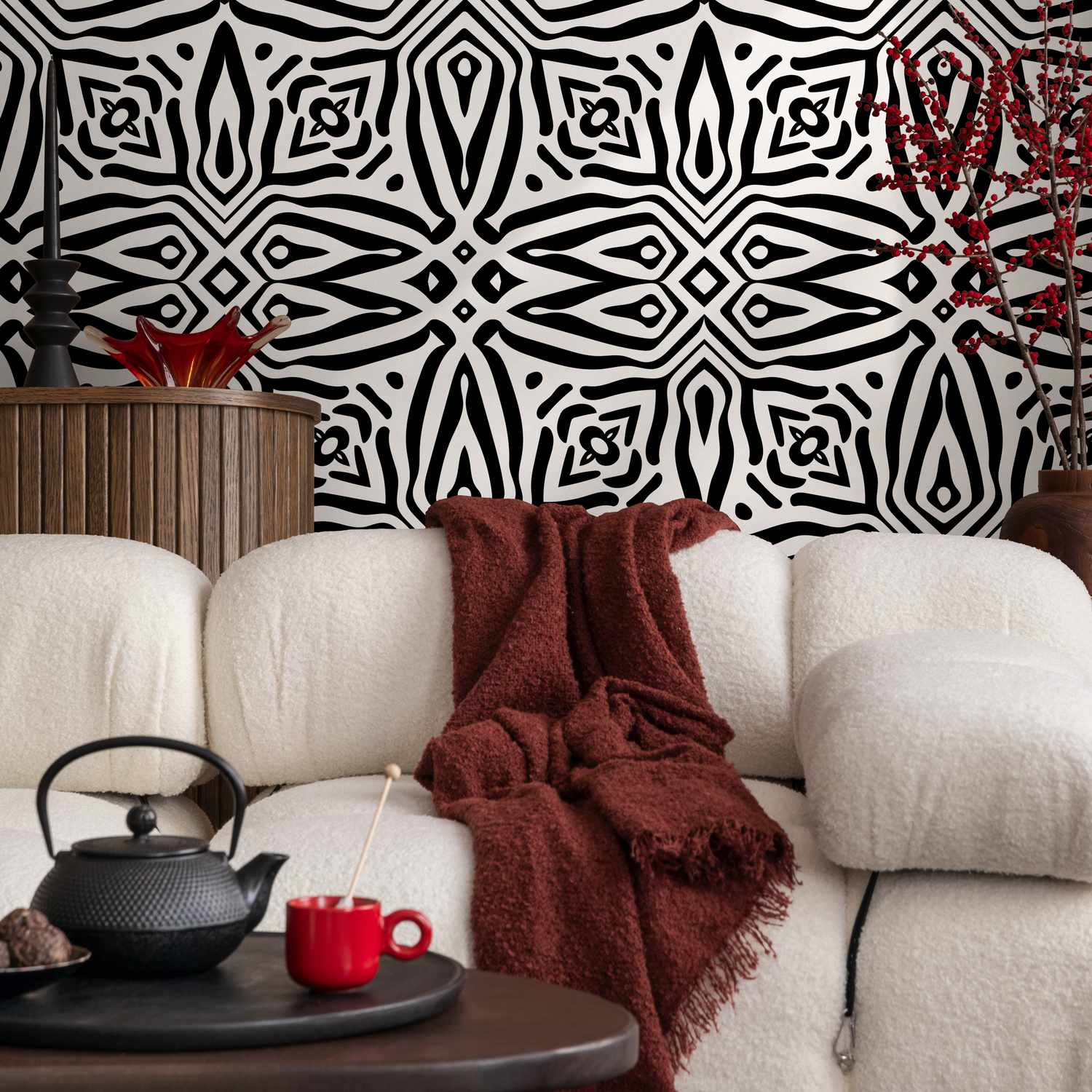Papel tapiz autoadhesivo, papel tapiz removible, decoración del hogar, arte de pared, decoración de habitaciones / Papel tapiz africano en blanco y negro - C392