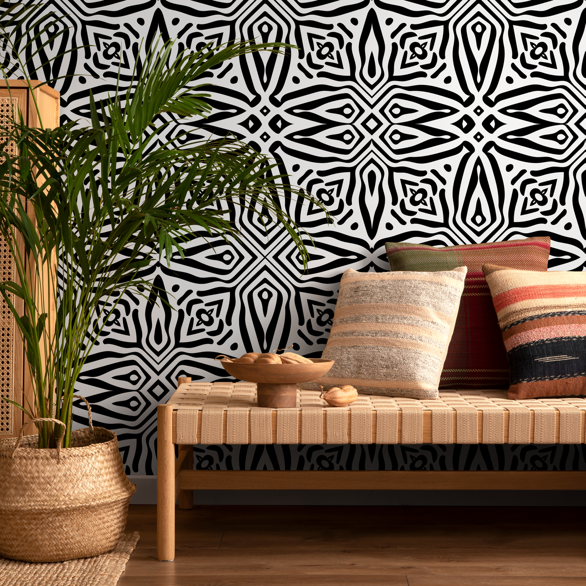 African Wallpaper with a Symmetrical Tribal Pattern in Black and White - detail view