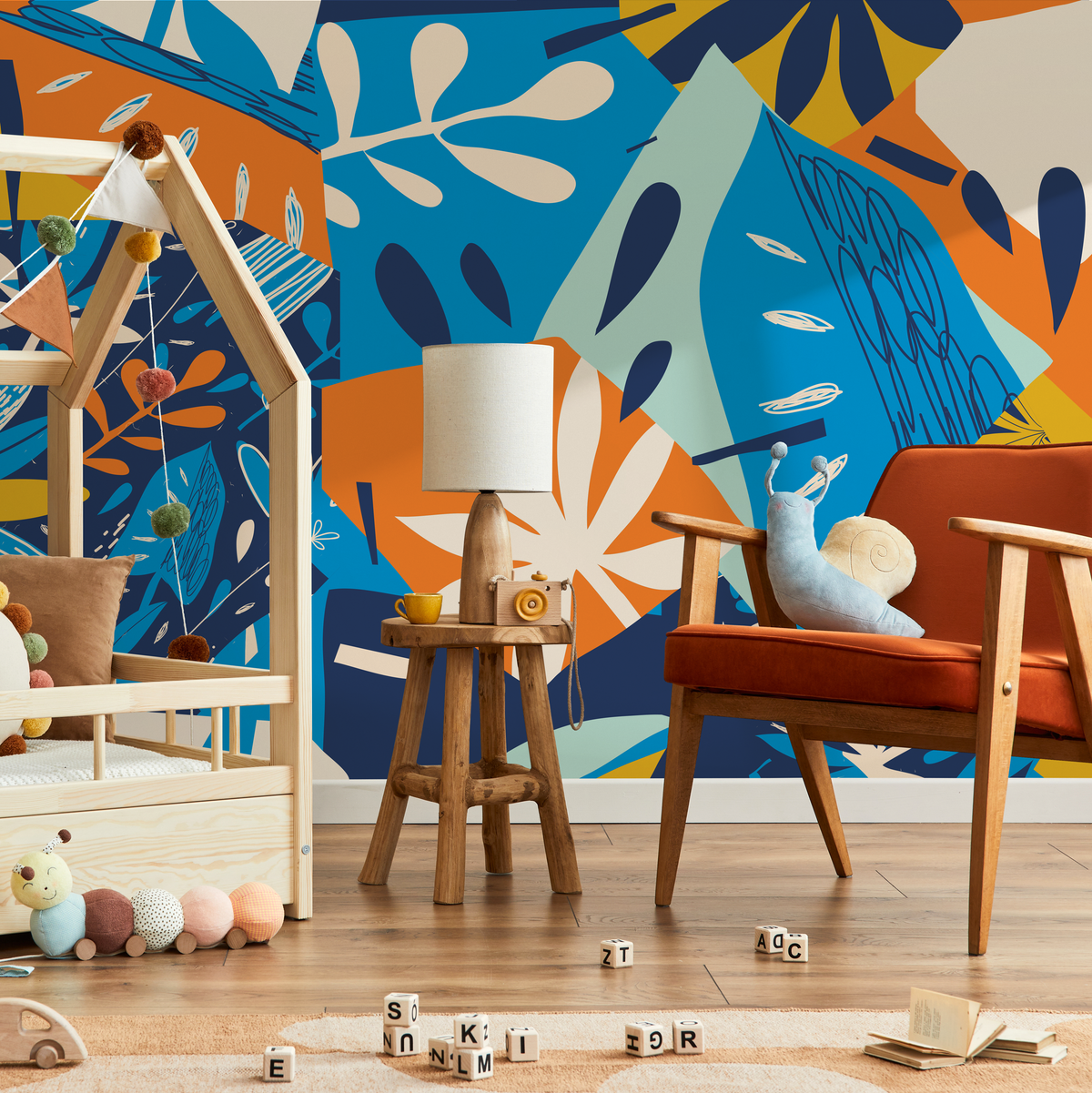 Abstract Wallpaper with a Collage of Botanical Shapes in Blue and Orange - detail view