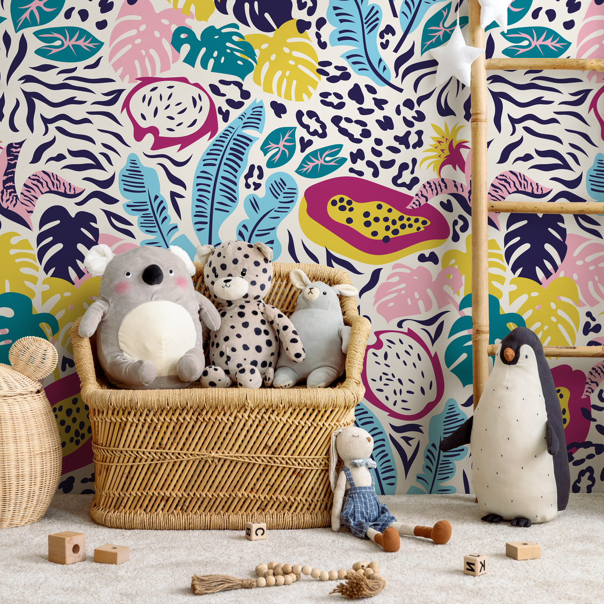 Animal Print Wallpaper with a Tropical Jungle Motif in Pink, Yellow, and Blue - detail view