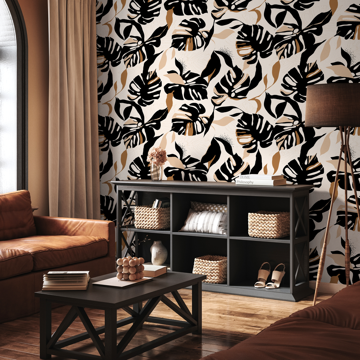 Tropical Wallpaper with Stylized Monstera Leaves in Black, Brown, and Beige - detail view