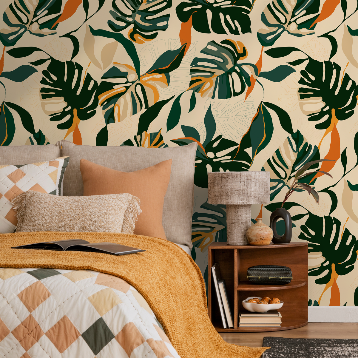 Tropical Wallpaper with Boho Monstera Leaves in Green, Orange, and Tan - detail view