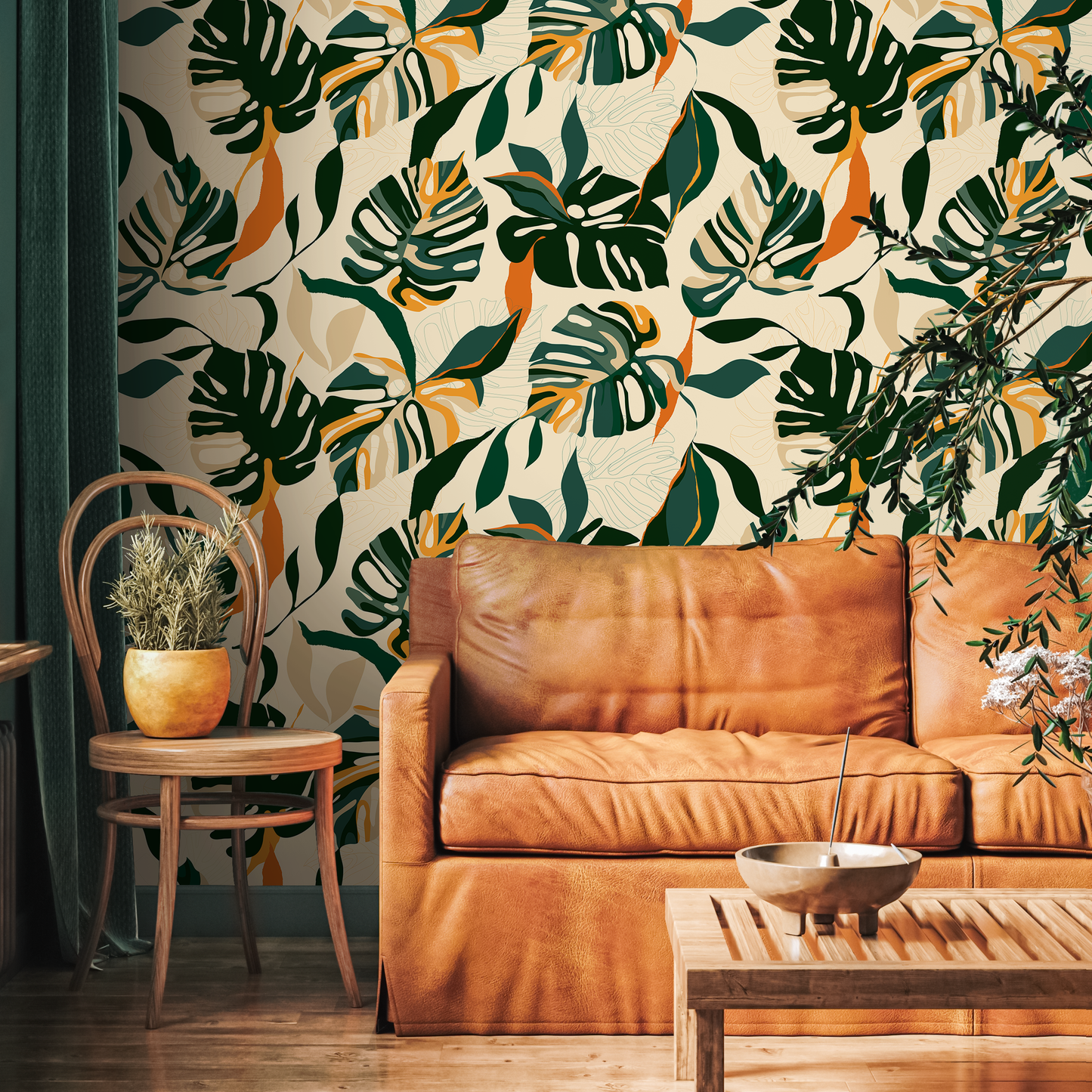 Wallpaper Peel and Stick Wallpaper Removable Wallpaper Home Decor Wall Art Wall Decor Room Decor / Tropical Boho Leaves Wallpaper - C398