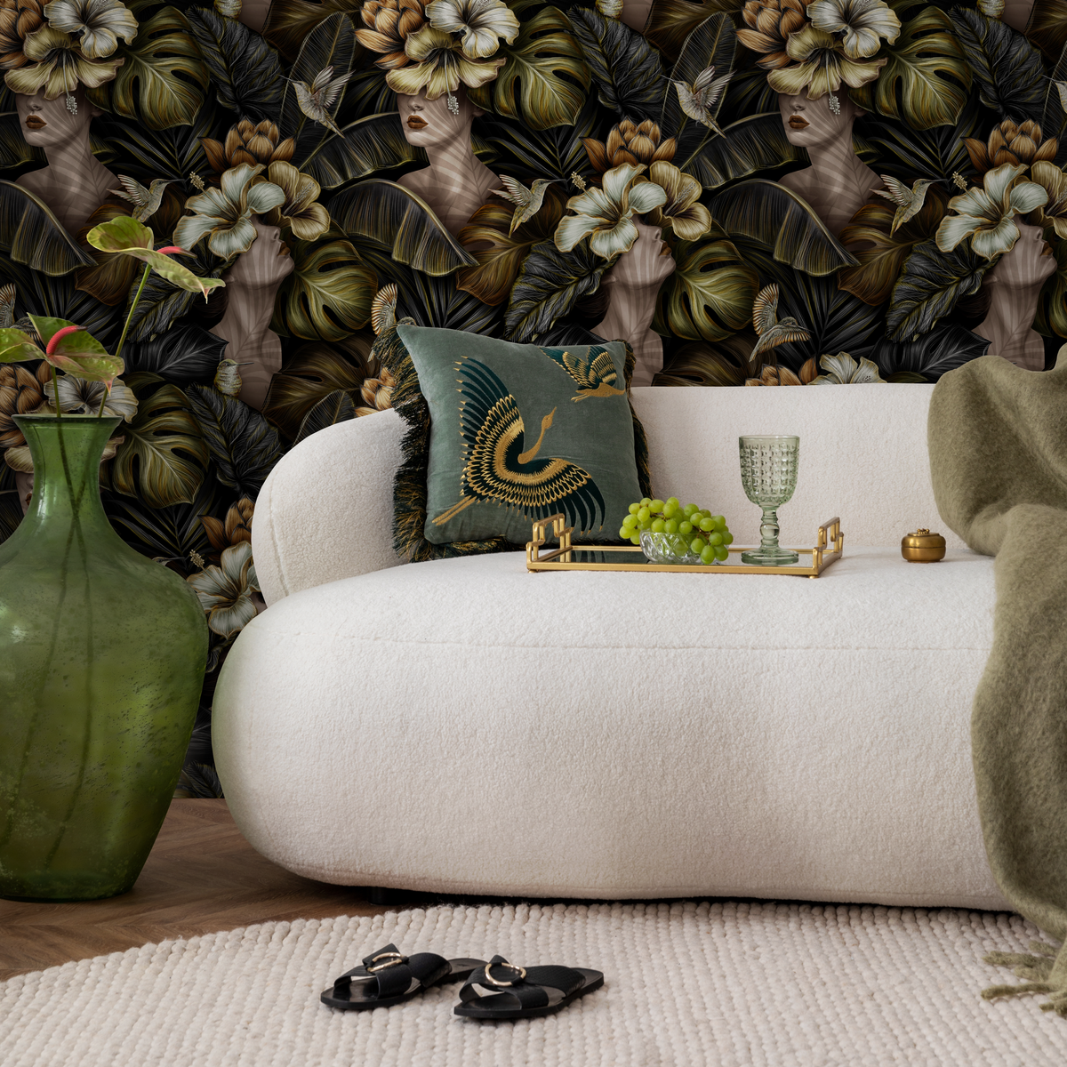 Botanical Wallpaper Featuring Surrealist Statues in Black, Green, and Gold - detail view