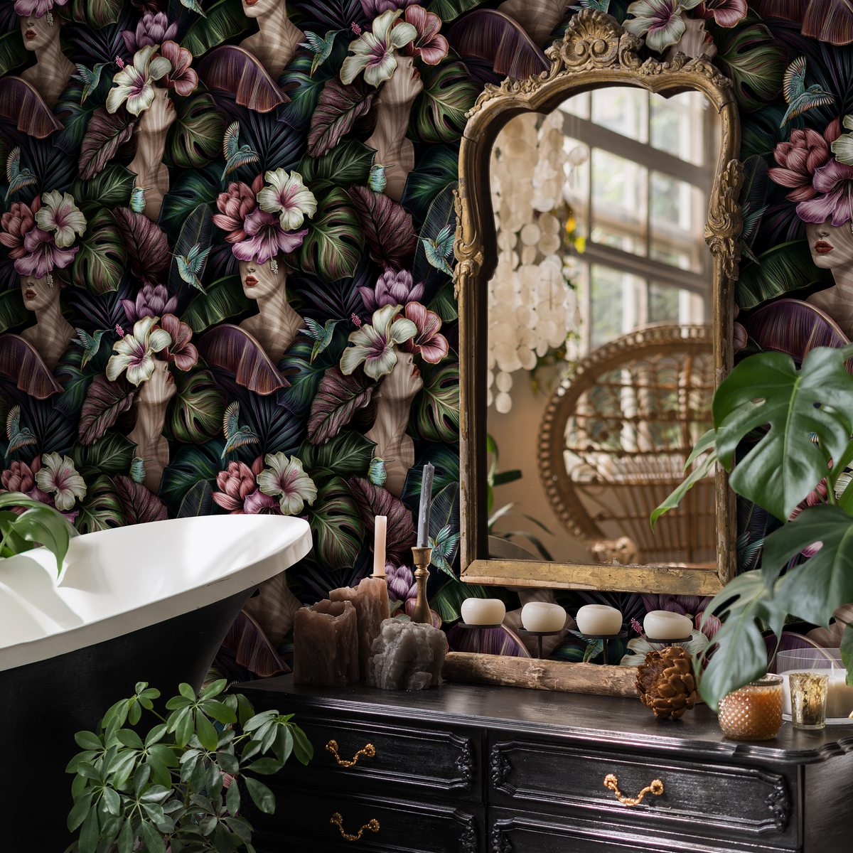 Floral Wallpaper with Surreal Portraits and Tropical Blooms in Purple and Green - detail view