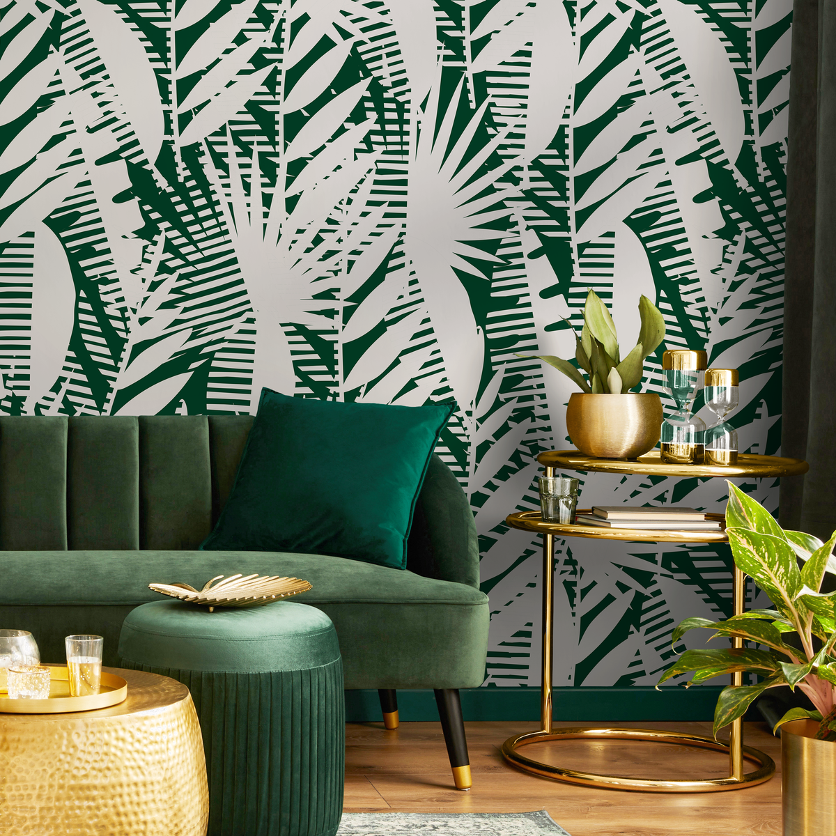 Abstract Wallpaper with a Palm Leaf Motif in Green and Beige - detail view