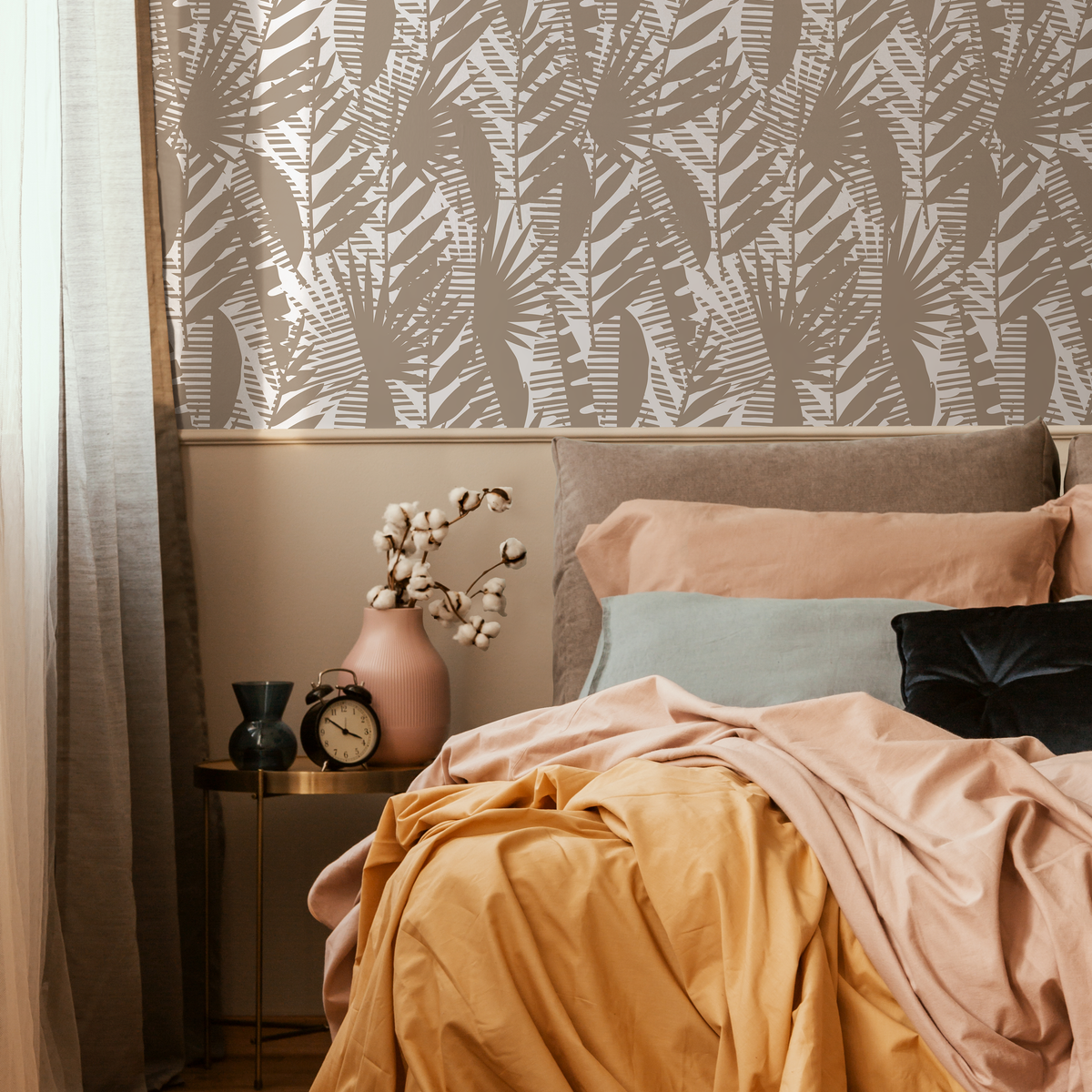 Botanical Wallpaper with Stylized Palm Leaves in Taupe and Off-White - detail view