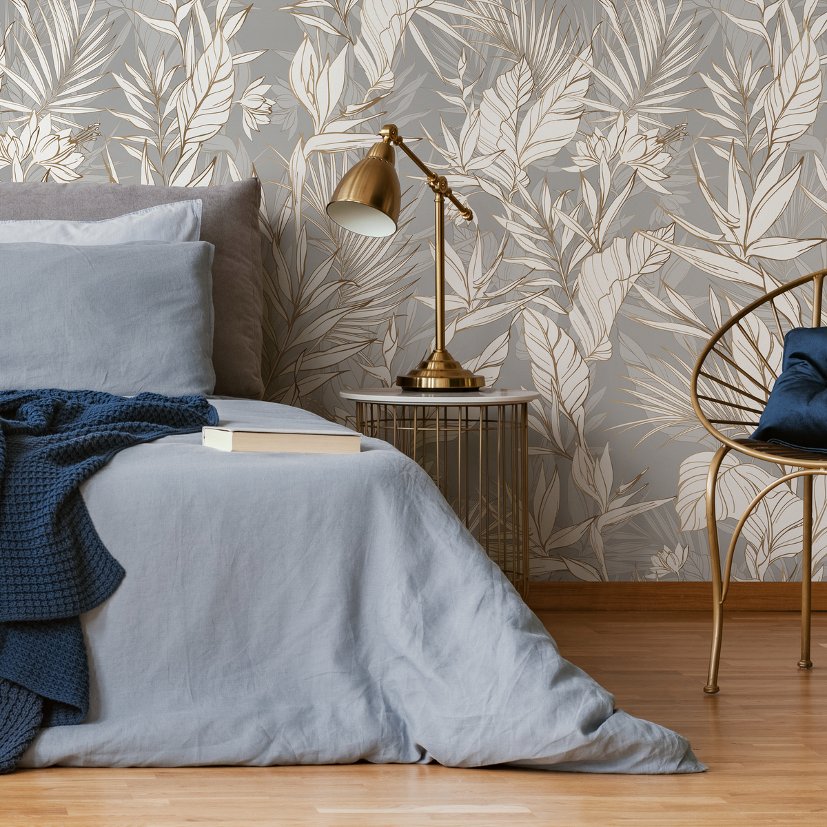Tropical Wallpaper with Line Art Foliage in Gray, Gold, and White - detail view