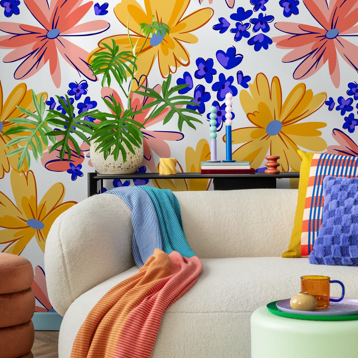 Floral Wallpaper Featuring Abstract Daisies in Yellow, Red, and Blue - detail view