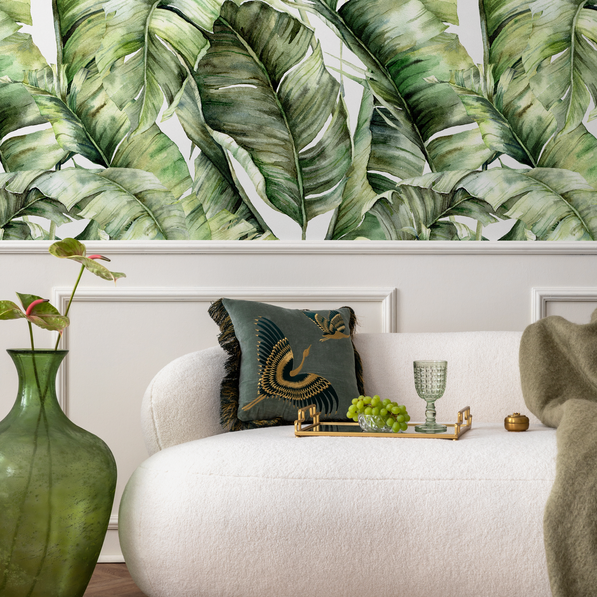 Botanical Wallpaper Featuring Lush Banana Leaves in Green - detail view