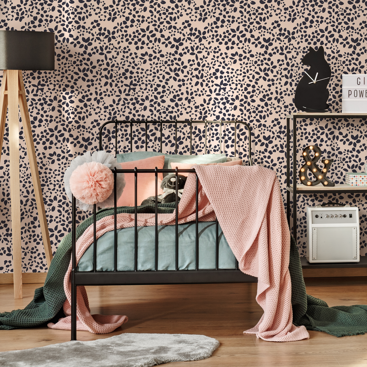 Floral Wallpaper with Scattered Petals in Navy Blue and Blush Pink - detail view