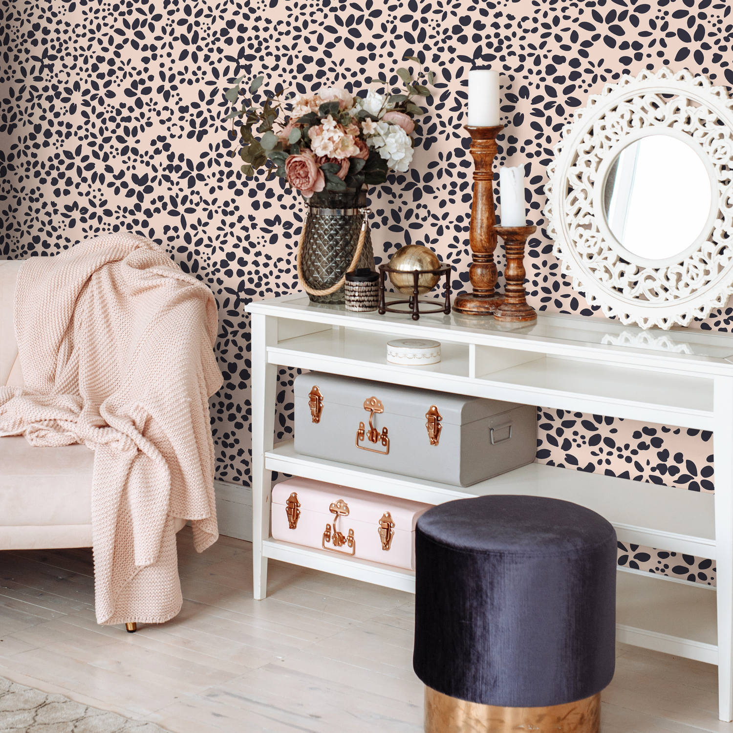 Minimalist Floral Wallpaper with Scattered Petals in Navy Blue and Blush Pink - C406