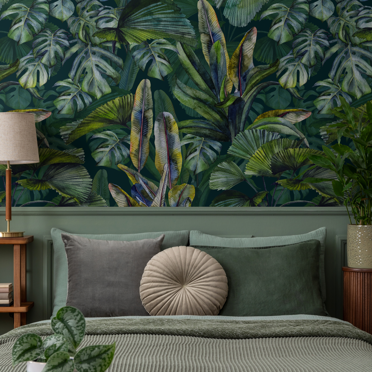 Botanical Wallpaper Featuring Lush Monstera and Palm Leaves in Green, Blue, and Yellow - detail view