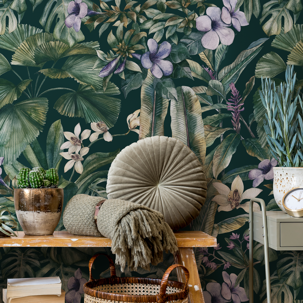 Botanical Wallpaper Featuring a Lush Tropical Jungle in Green, Purple, and White - detail view