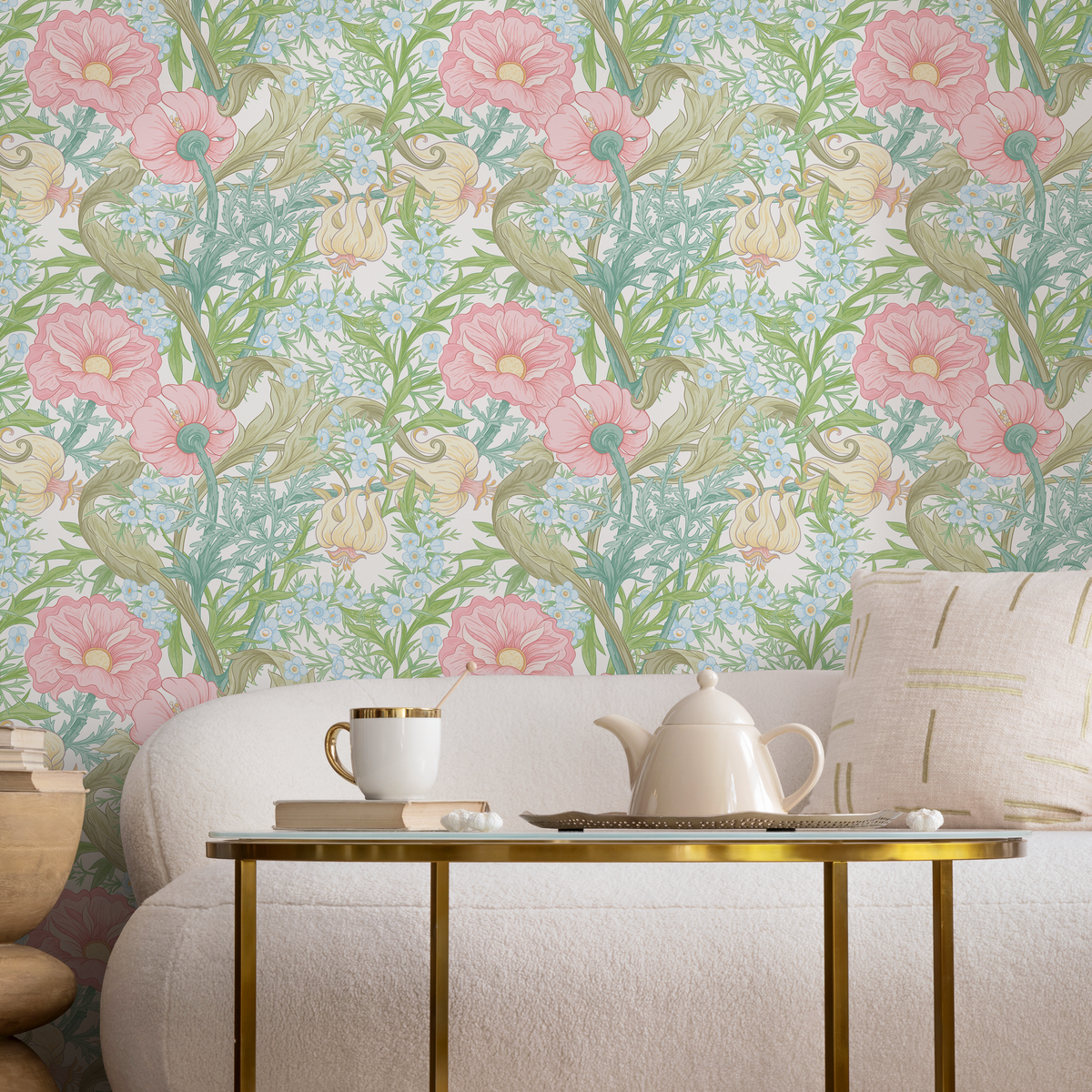 Art Nouveau Wallpaper with Elegant Blooms in Pink, Blue, and Green - detail view