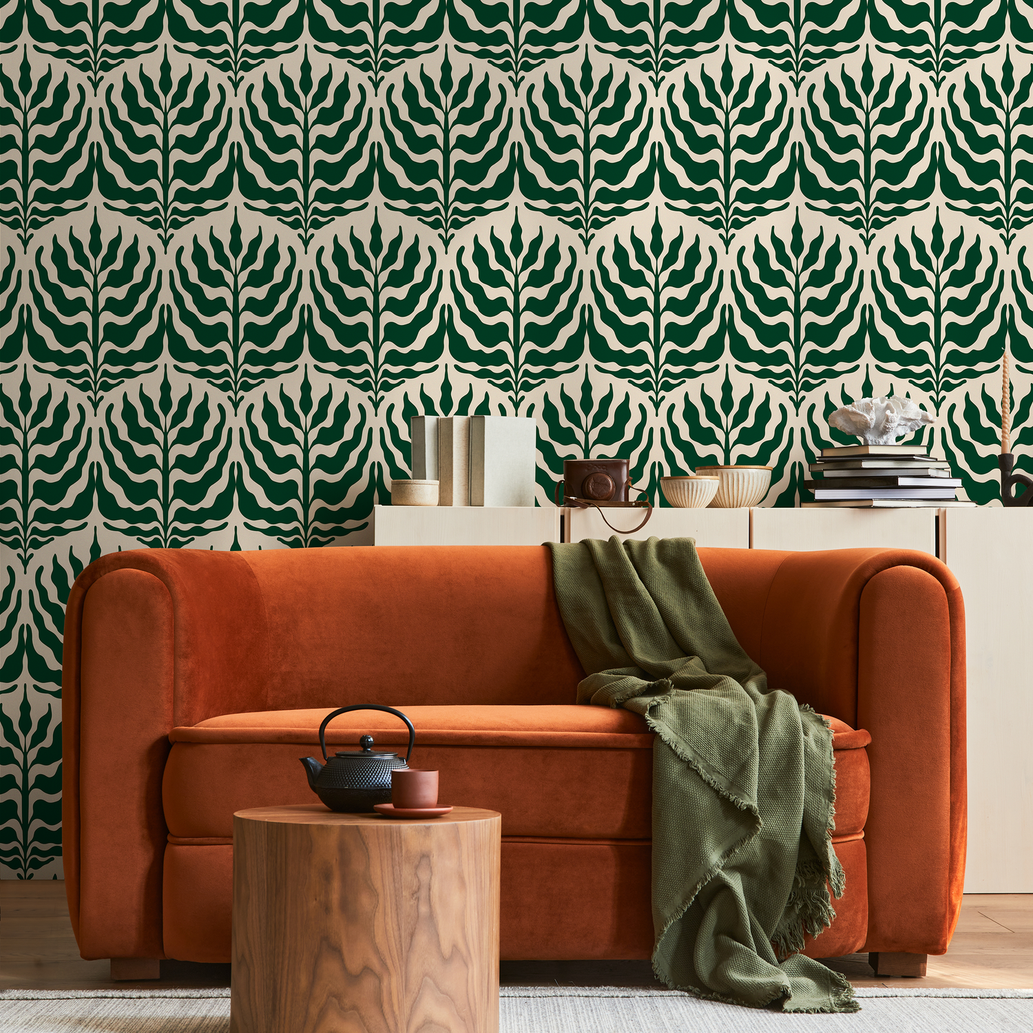 Papier peint autocollant amovible, décoration d'intérieur, art mural, décoration murale, décoration de chambre, papier peint abstrait à feuilles vertes - C411
