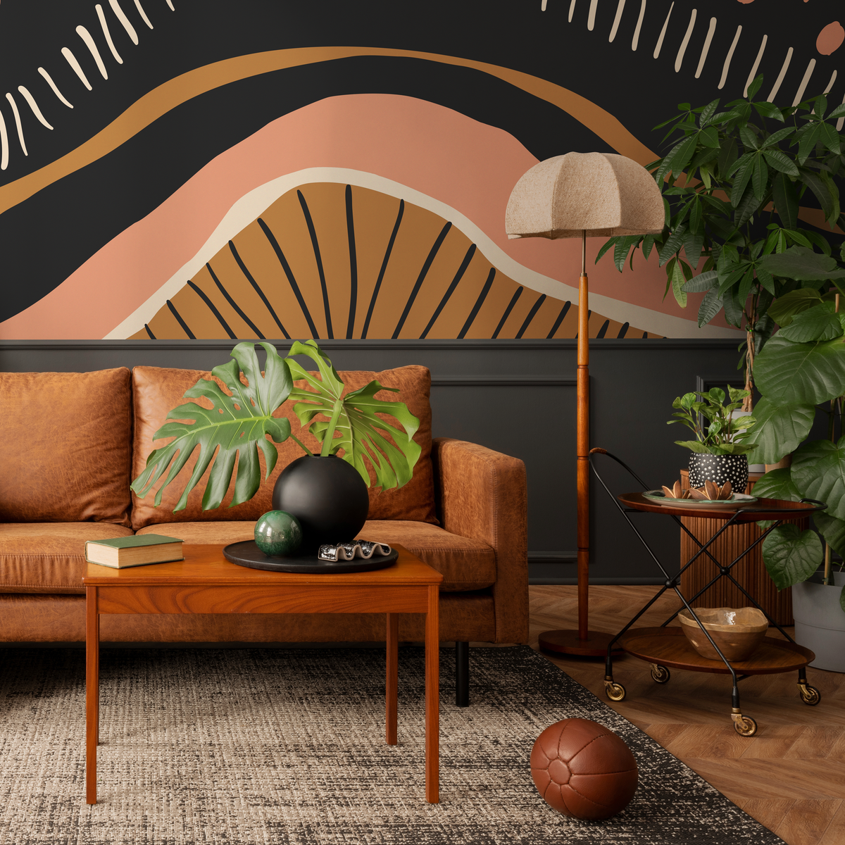 Abstract Wallpaper with Organic Shapes and Lines in Black, Terracotta, and Gold - detail view