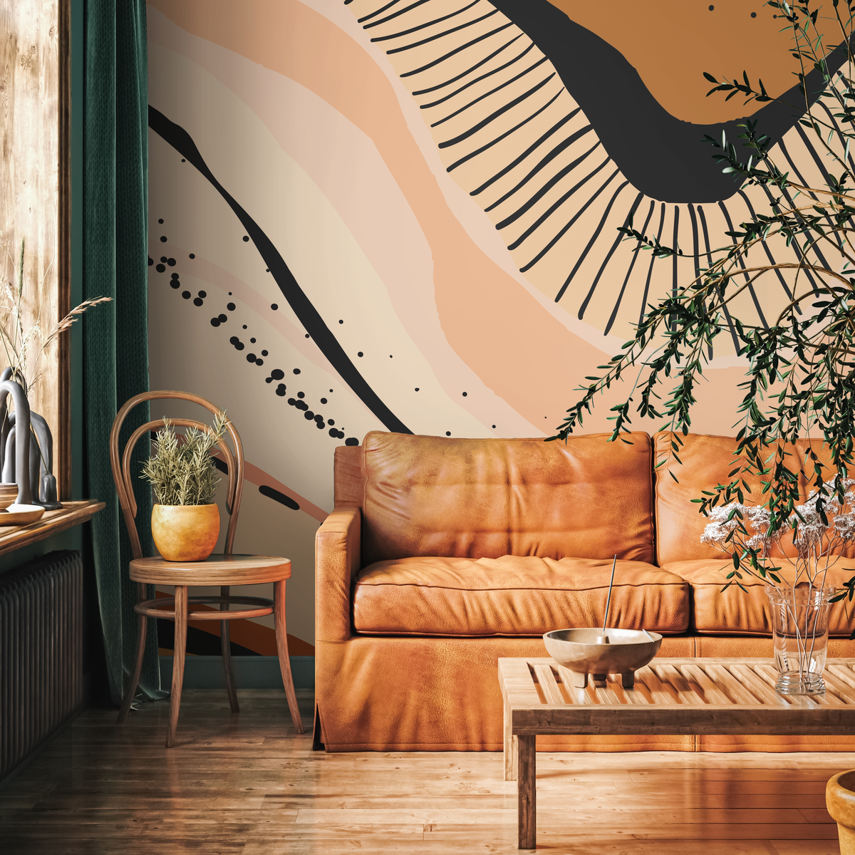Abstract Wallpaper with an Organic Motif in Orange, Black, and Beige - detail view