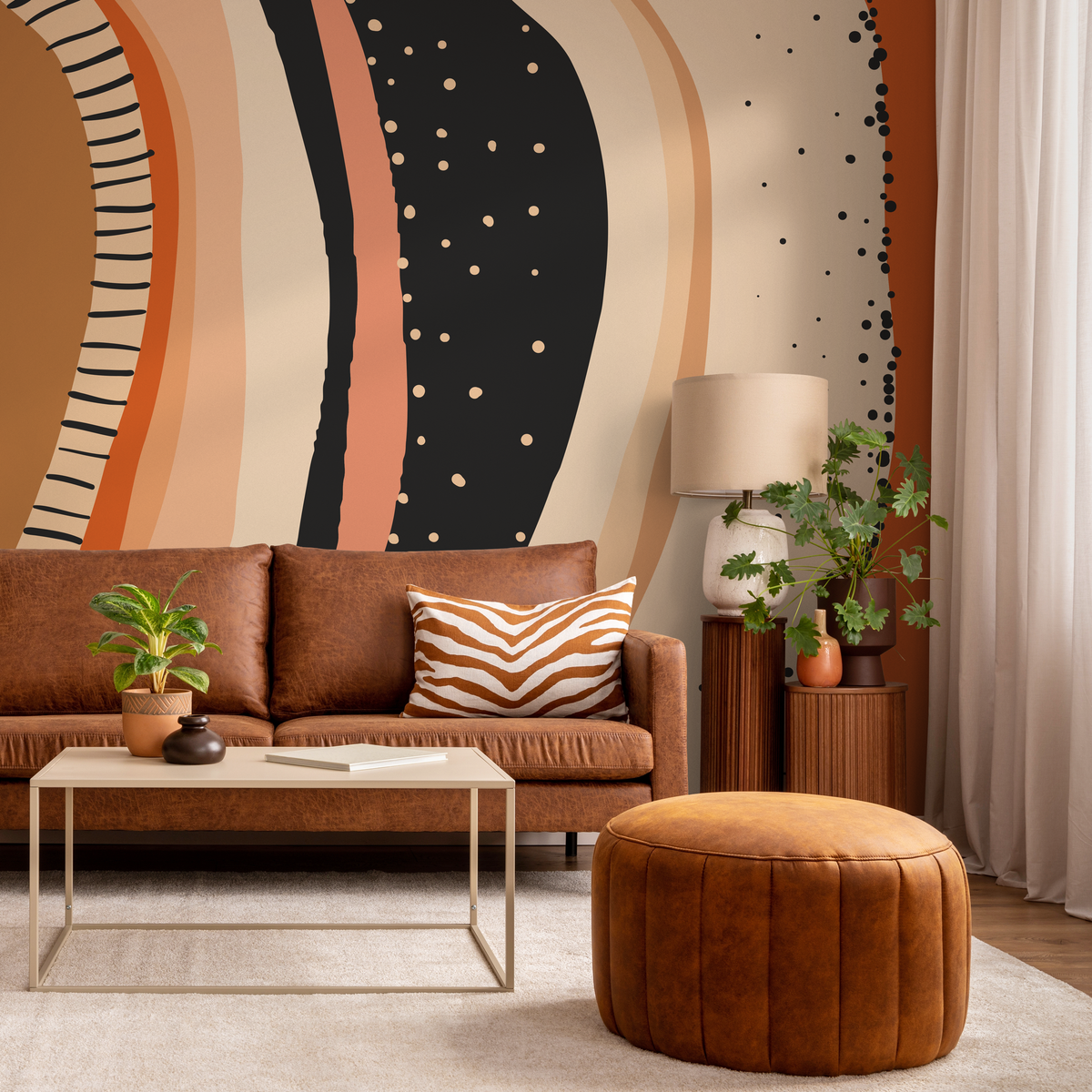 Abstract Wallpaper with Organic Shapes in Orange, Black, and Beige - detail view