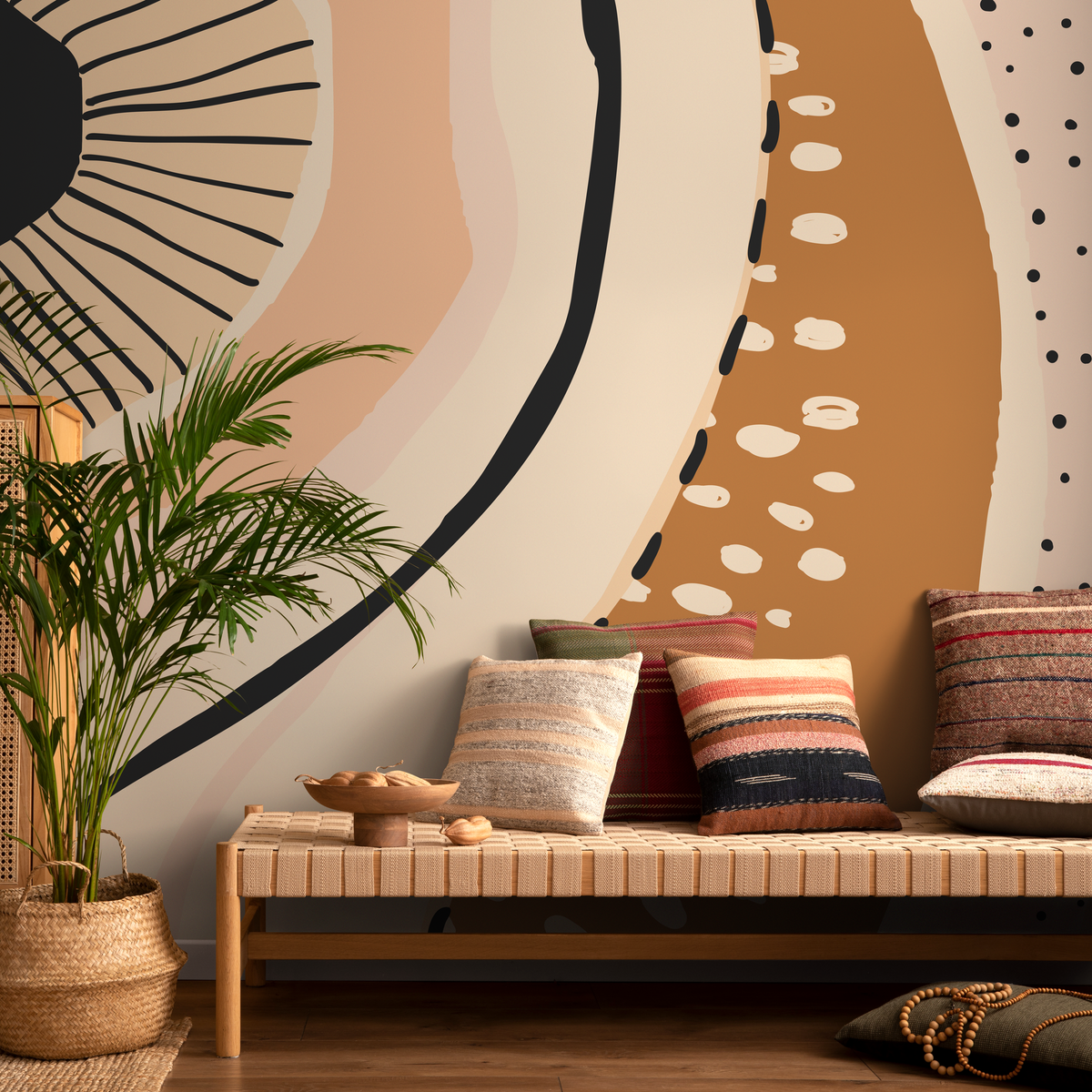Abstract Wallpaper with Earthy Organic Shapes in Brown, Beige, and Black - detail view
