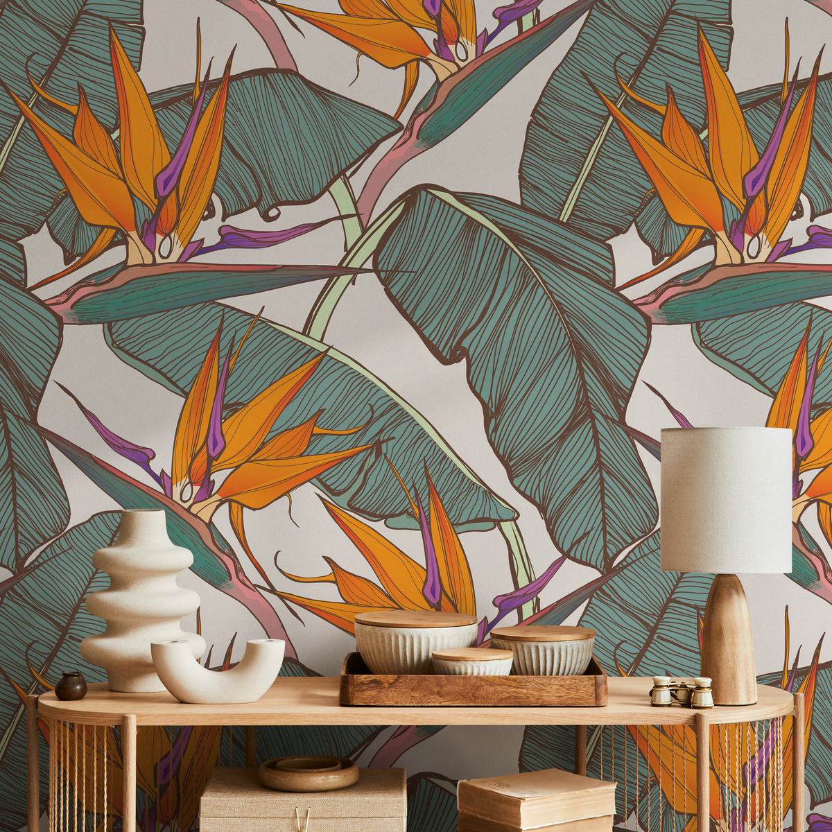 Tropical Wallpaper with Bird of Paradise Flowers in Orange, Teal, and Purple - detail view