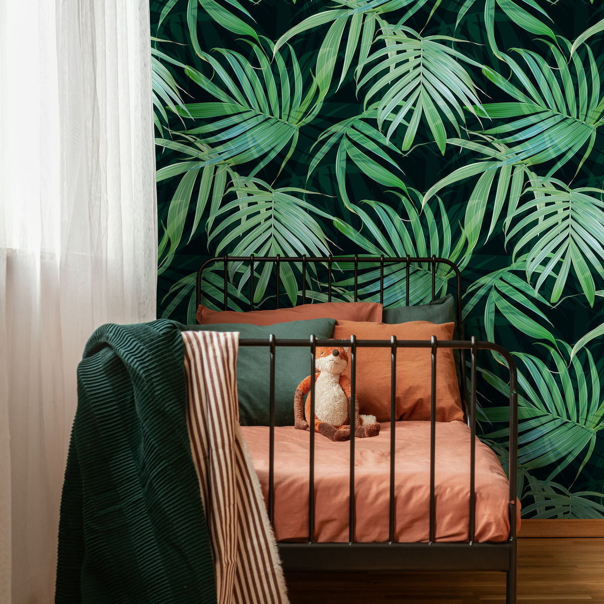 Tropical Wallpaper with Layered Palm Leaves in Green and Black - detail view