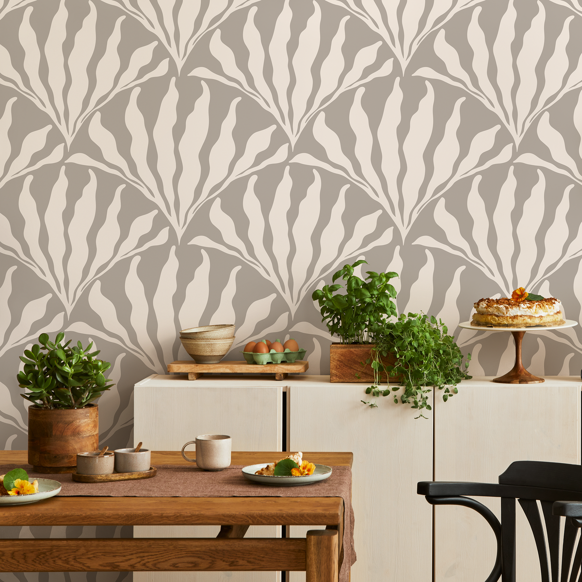 Art Deco Wallpaper with a Stylized Leaf Fan Motif in Greige and Cream - detail view