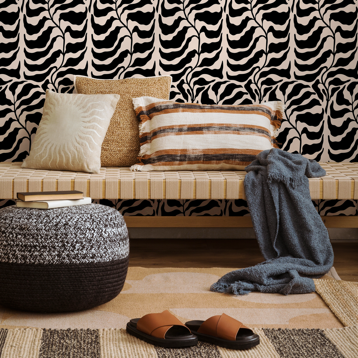 Abstract Wallpaper with a Bold Leaf Motif in Black and Cream - detail view