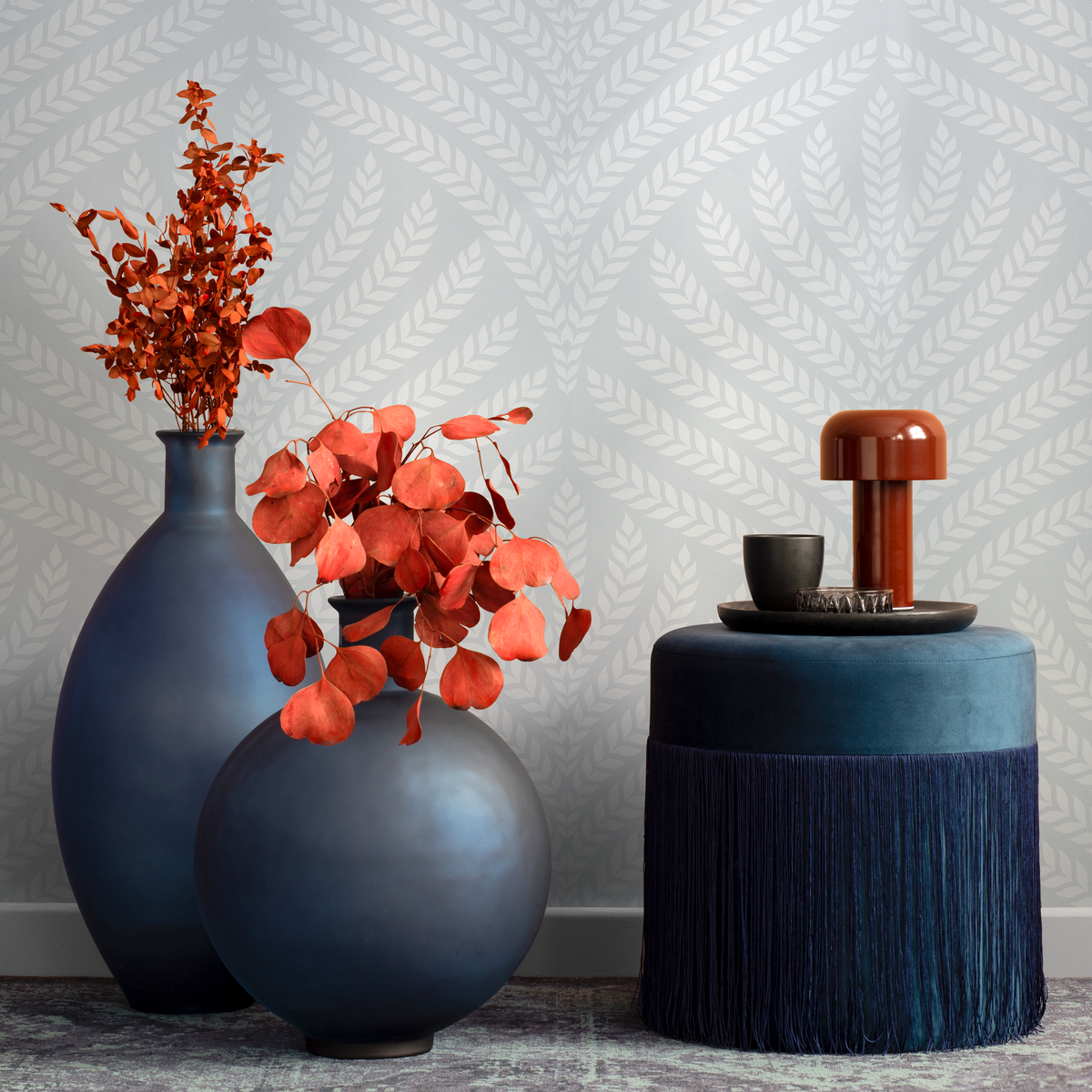 Art Deco Wallpaper with a Stylized Leaf Motif in Light Gray and White - detail view