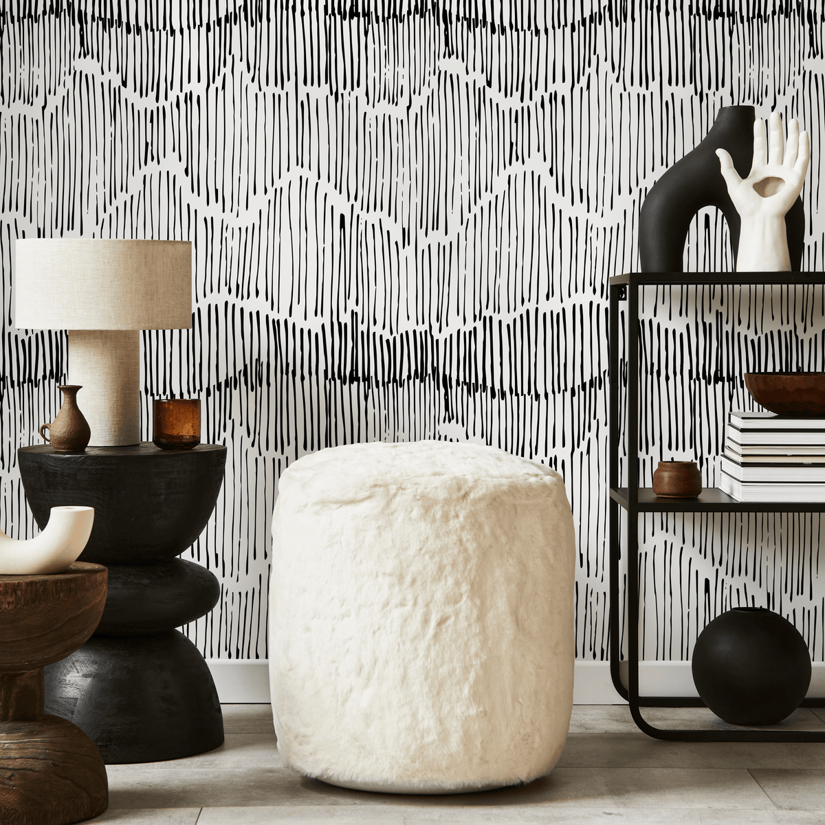 Abstract Wallpaper with Hand-Drawn Vertical Lines in Black and White - detail view
