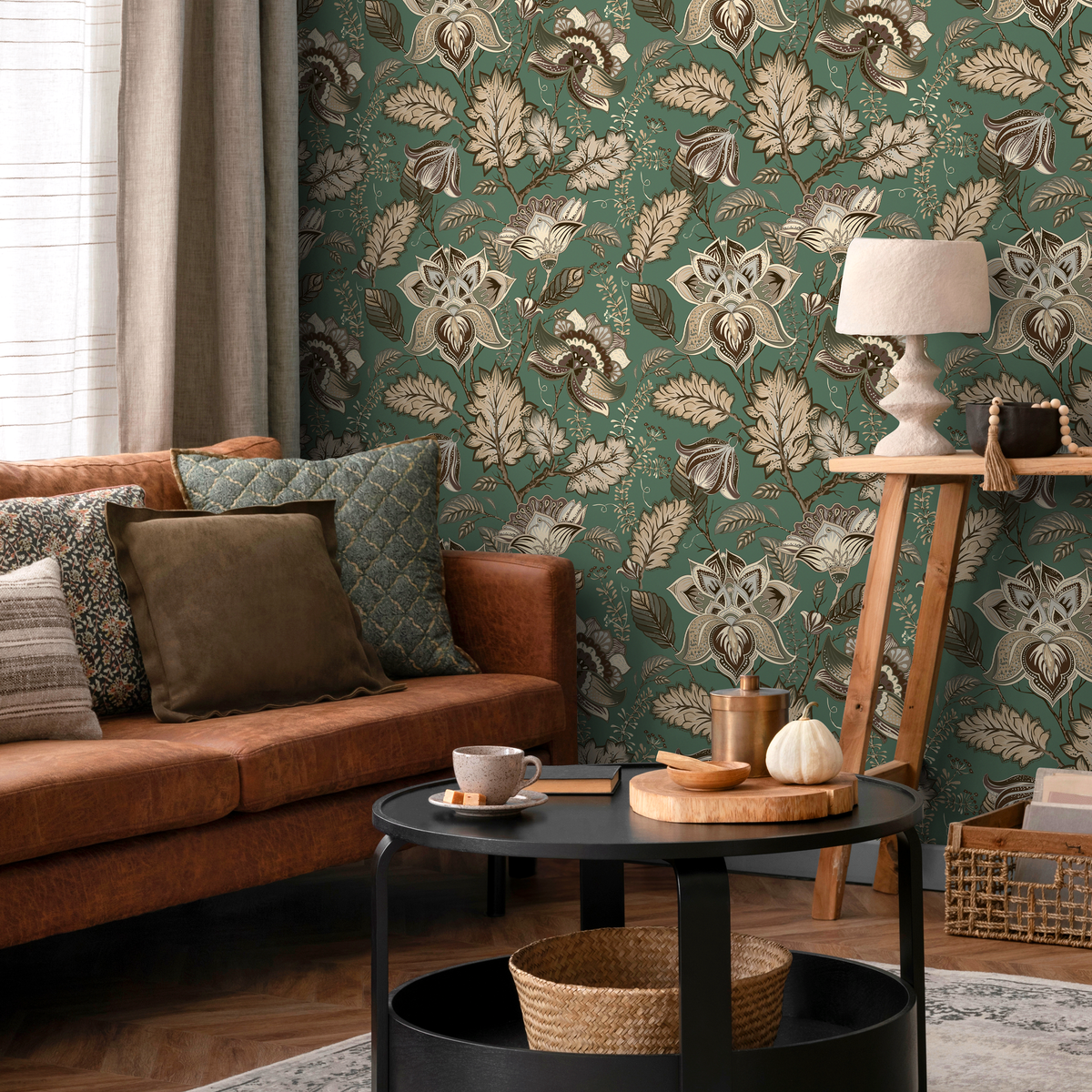 Floral Wallpaper with a Vintage Jacobean Motif in Green, Beige, and Brown - detail view