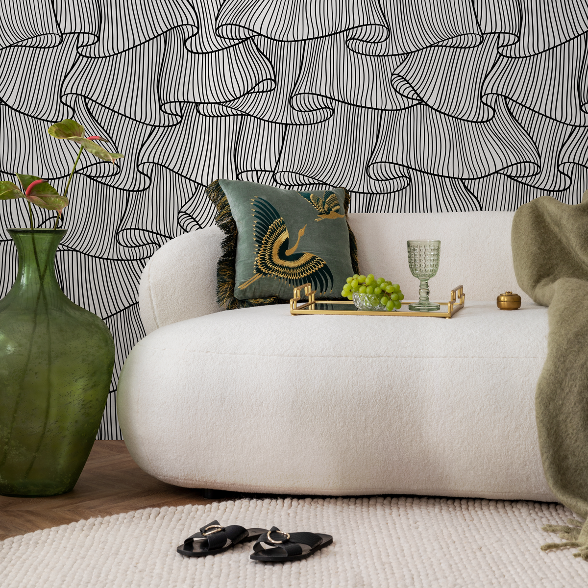 Abstract Wallpaper with Flowing Wavy Lines in Black and White - detail view