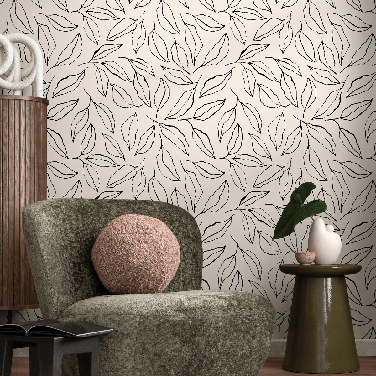 Minimalist Hand-Drawn Leaf Botanical Wallpaper in Black and Beige - detail view