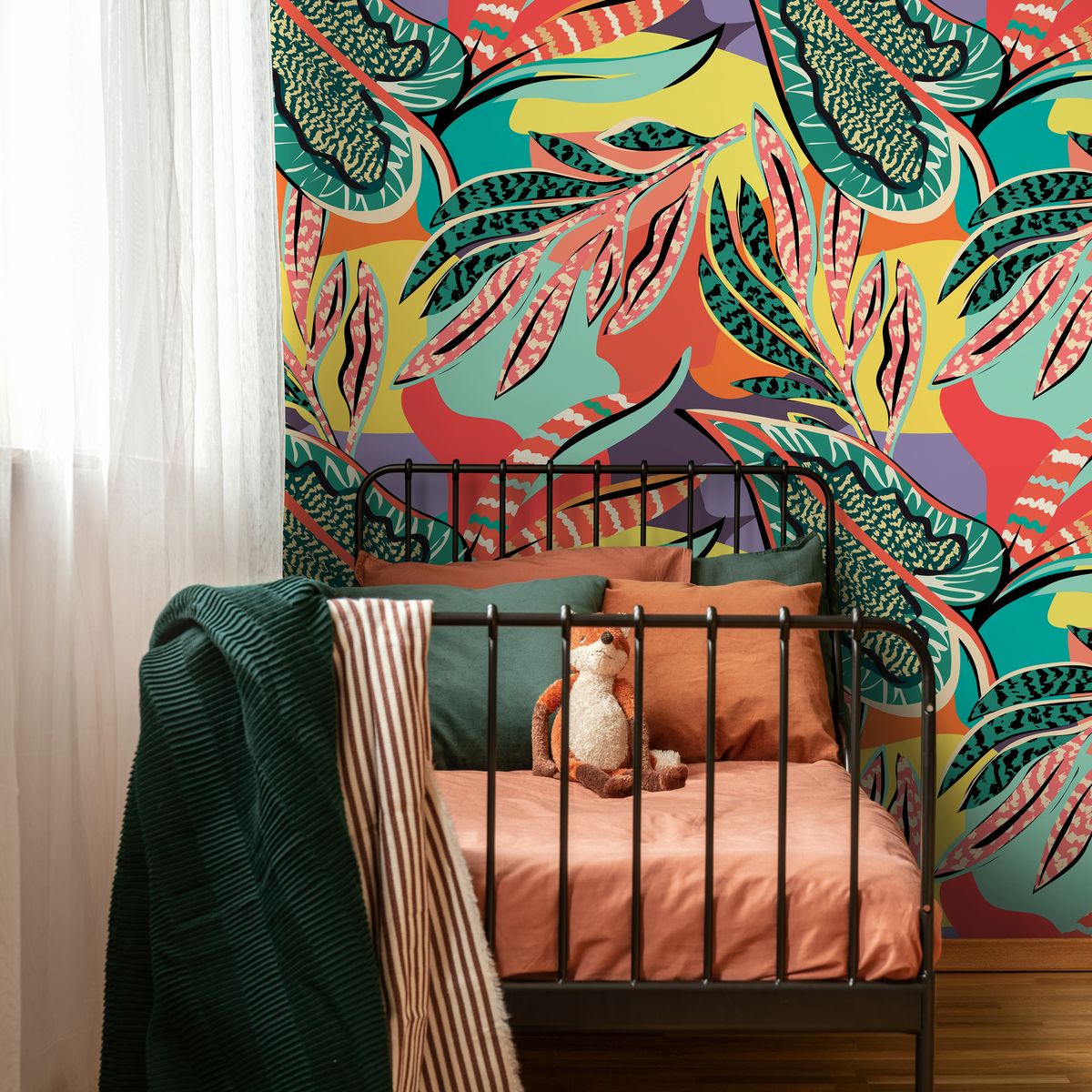 Abstract Wallpaper with Bold Leaves in Orange, Teal, and Yellow - detail view