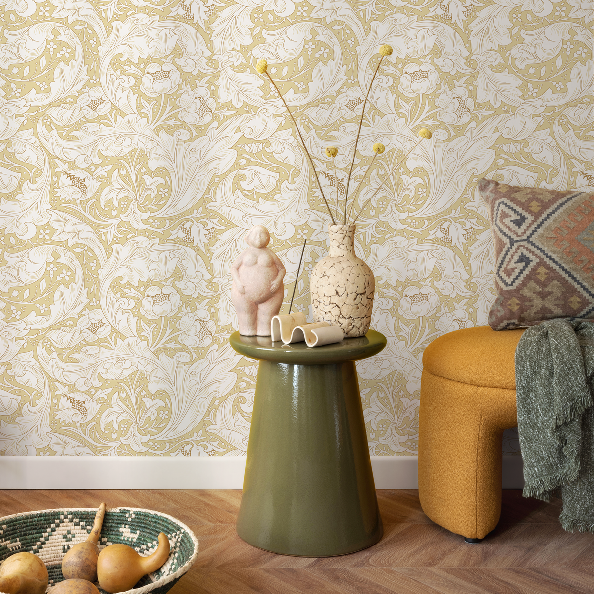 Art Nouveau Wallpaper with Intricate Floral Motifs in Yellow and Cream - detail view