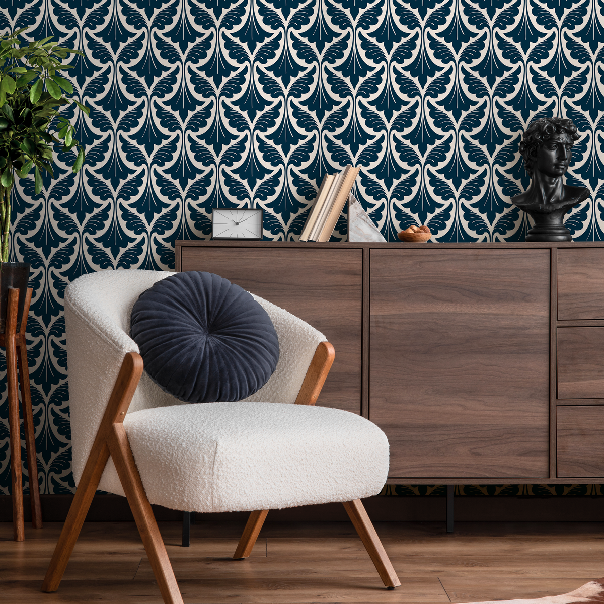 Art Deco Wallpaper with Stylized Acanthus Leaves in Navy Blue and Cream - detail view