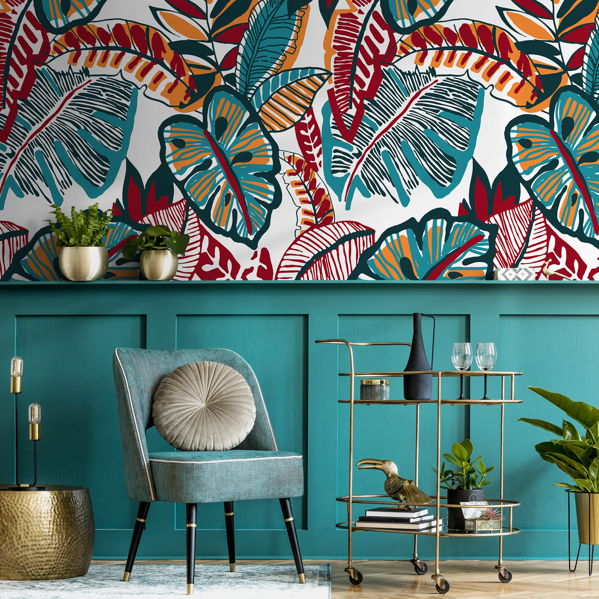 Botanical Wallpaper Featuring Stylized Leaves in Red, Teal, and Orange - detail view
