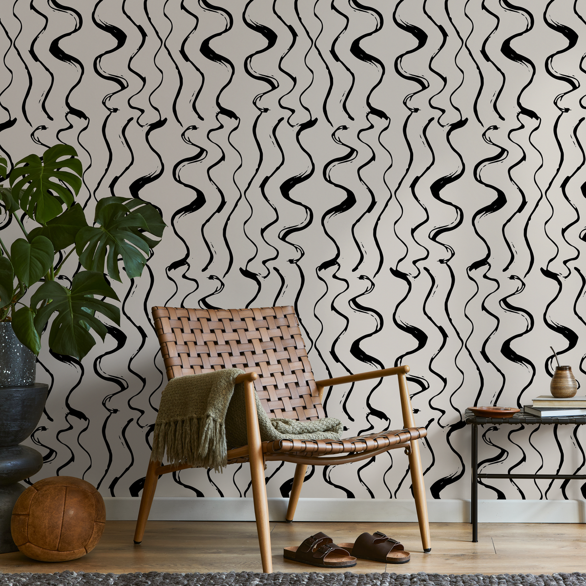 Abstract Wallpaper with Wavy Brush Stroke Lines in Black and Cream - detail view
