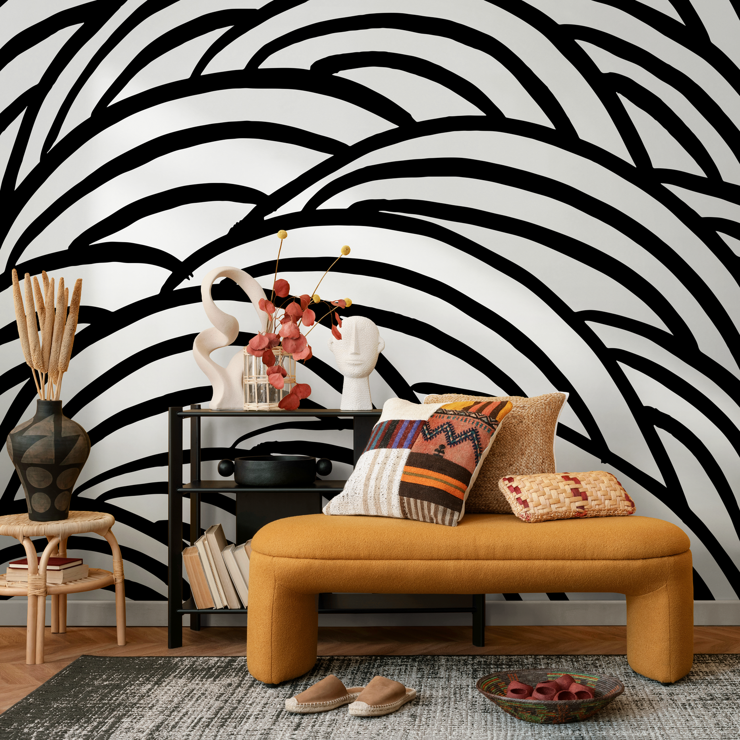 Papier peint autocollant amovible, décoration d'intérieur, art mural, décoration murale, décoration de chambre, papier peint abstrait noir et blanc - C433