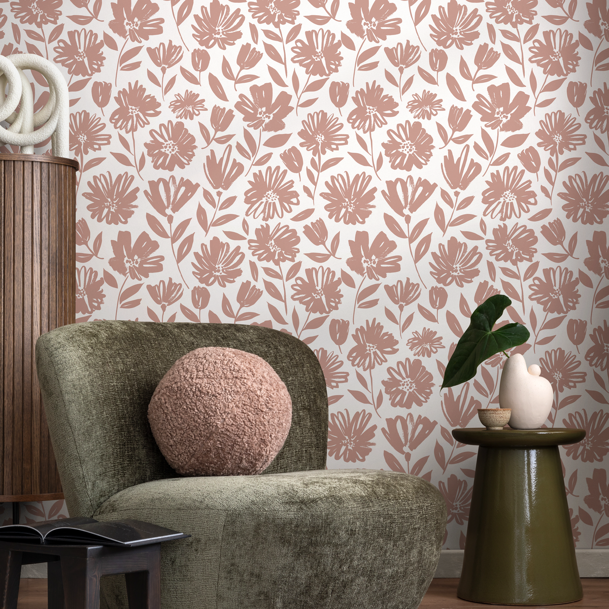 Floral Wallpaper with Stylized Wildflowers in Clay - detail view