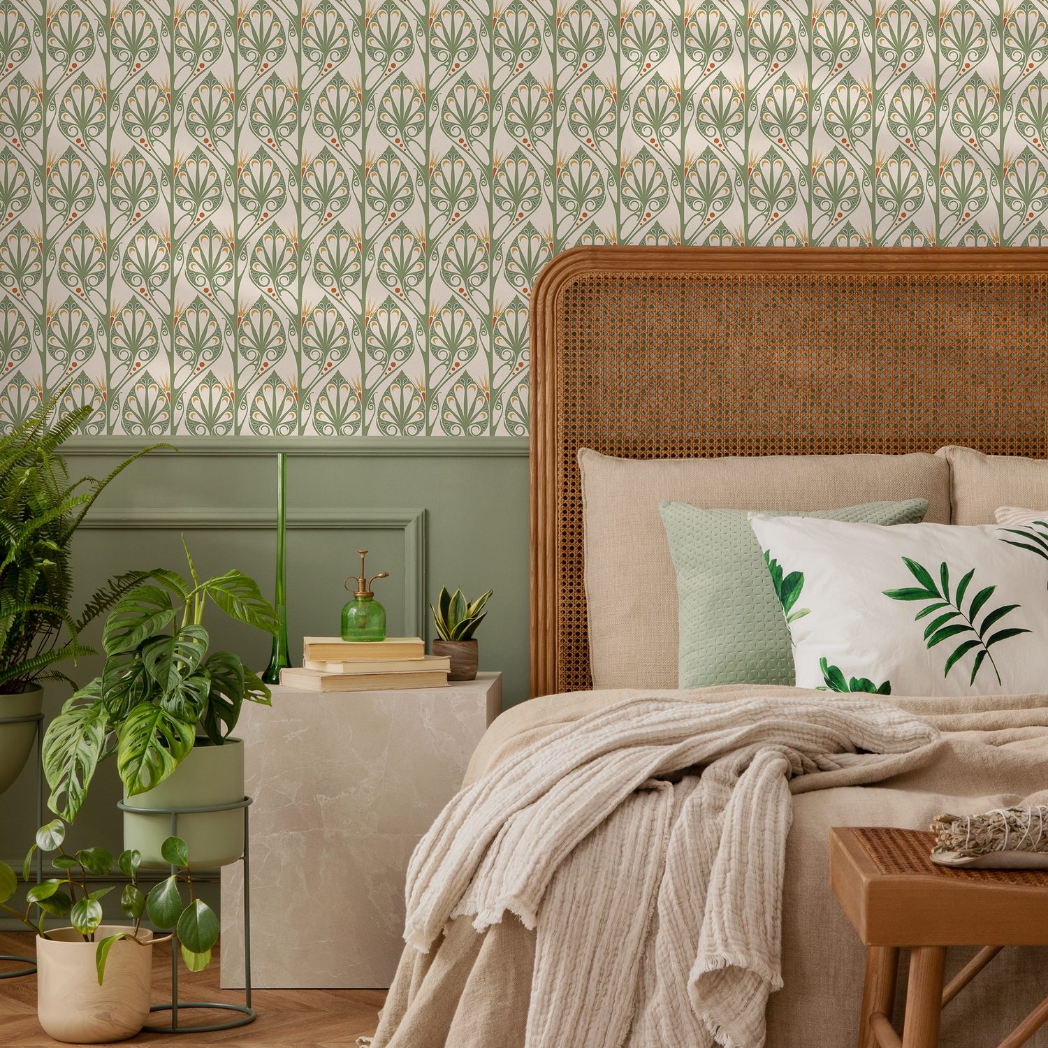 Papel pintado autoadhesivo, papel pintado extraíble, decoración del hogar, arte de pared, decoración de habitaciones, papel pintado verde Art Déco - C437