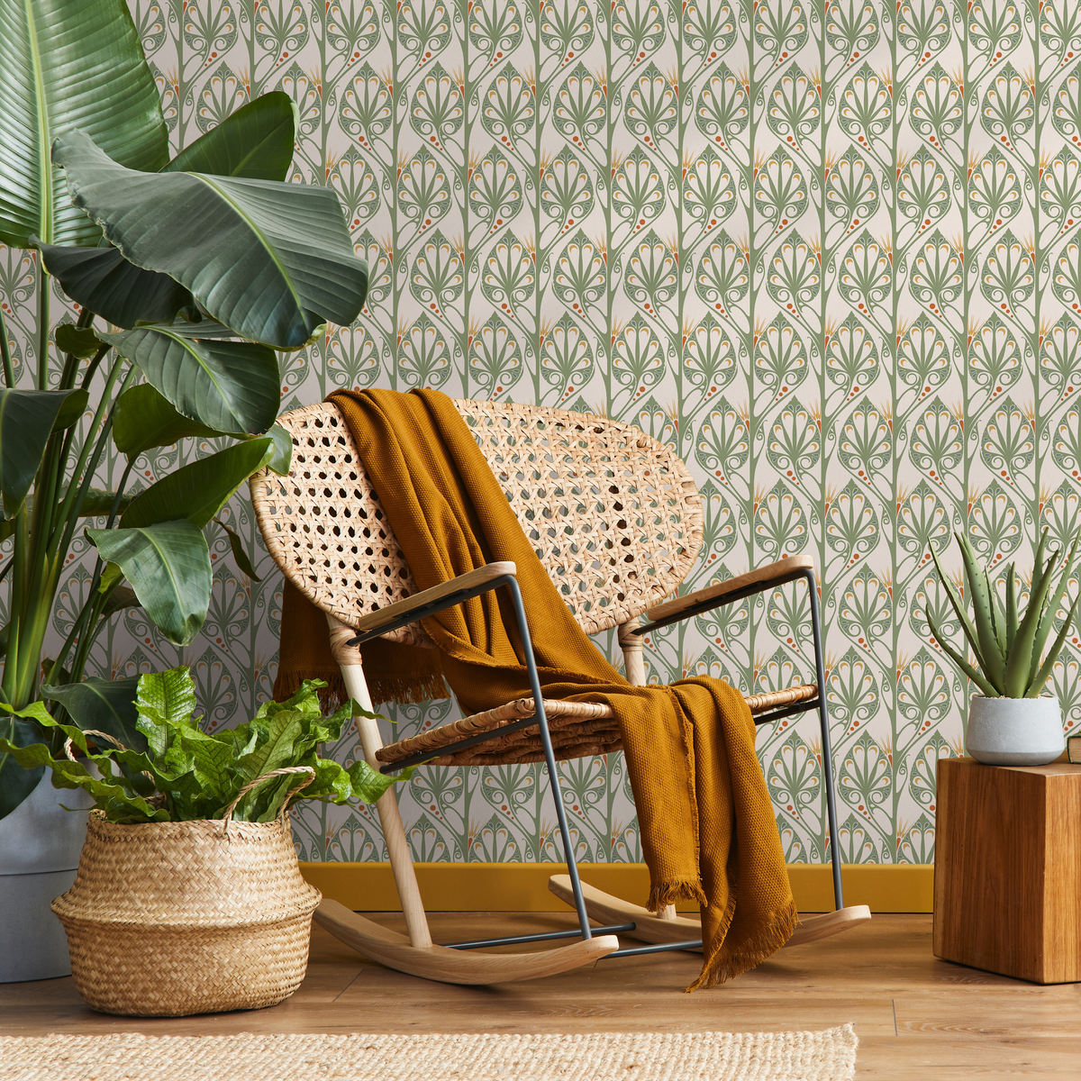 Art Deco Wallpaper with Stylized Botanicals in Green and Orange - detail view