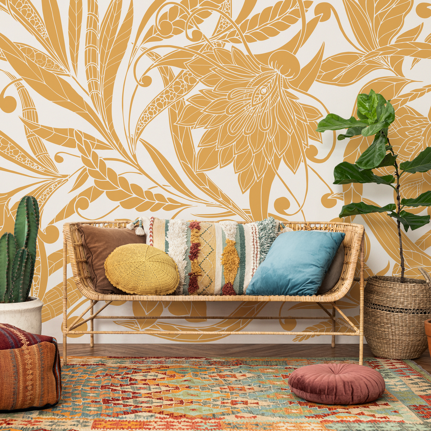 Papel pintado autoadhesivo, papel pintado extraíble, decoración del hogar, arte de pared, decoración de habitaciones, papel pintado floral amarillo - C438