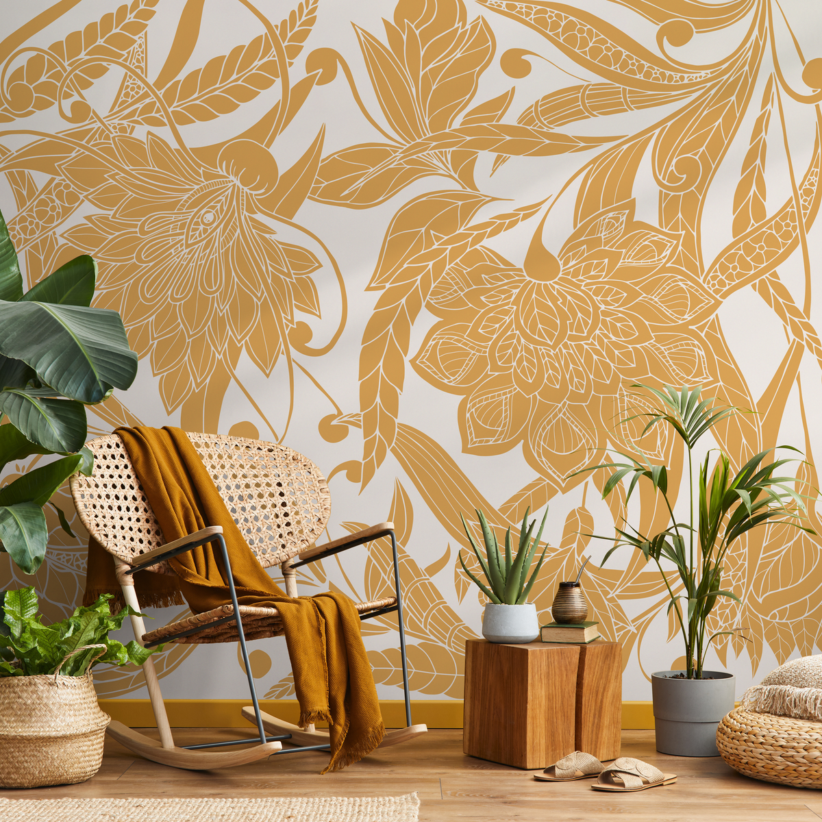 Art Nouveau Wallpaper with a Stylized Floral Motif in Yellow and White - detail view