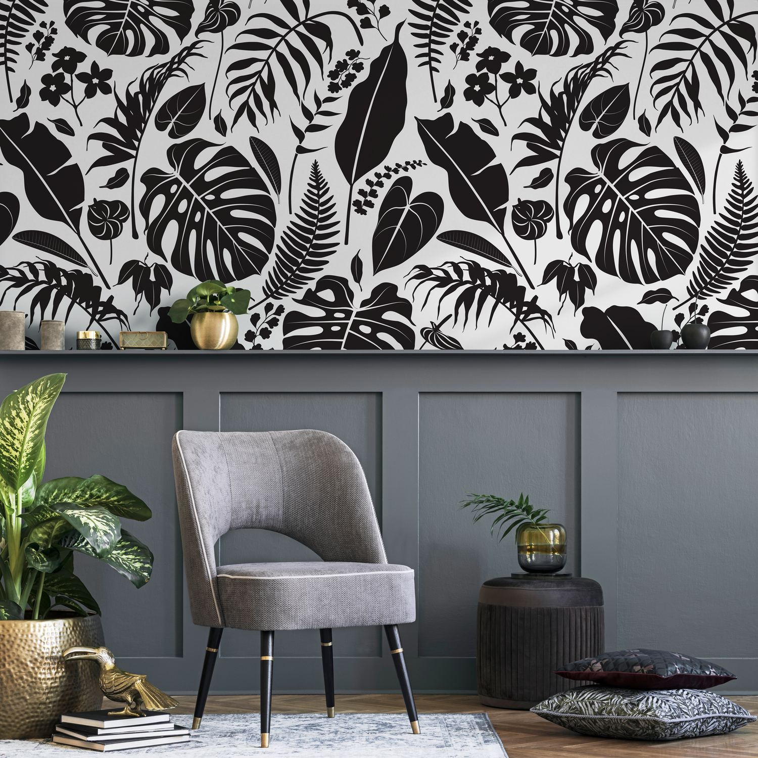 Papel tapiz autoadhesivo, papel tapiz extraíble, decoración del hogar, arte de pared, decoración de habitaciones / Papel tapiz de hojas en blanco y negro - C439