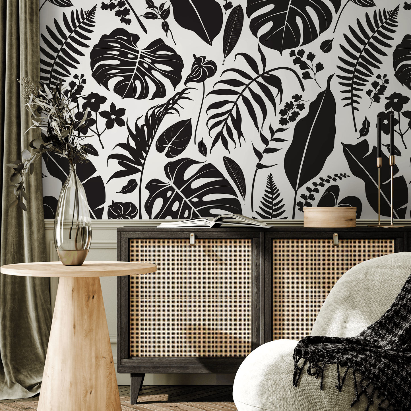 Wallpaper Peel and Stick Wallpaper Removable Wallpaper Home Decor Wall Art Wall Decor Room Decor / Black and White Leaves Wallpaper - C439